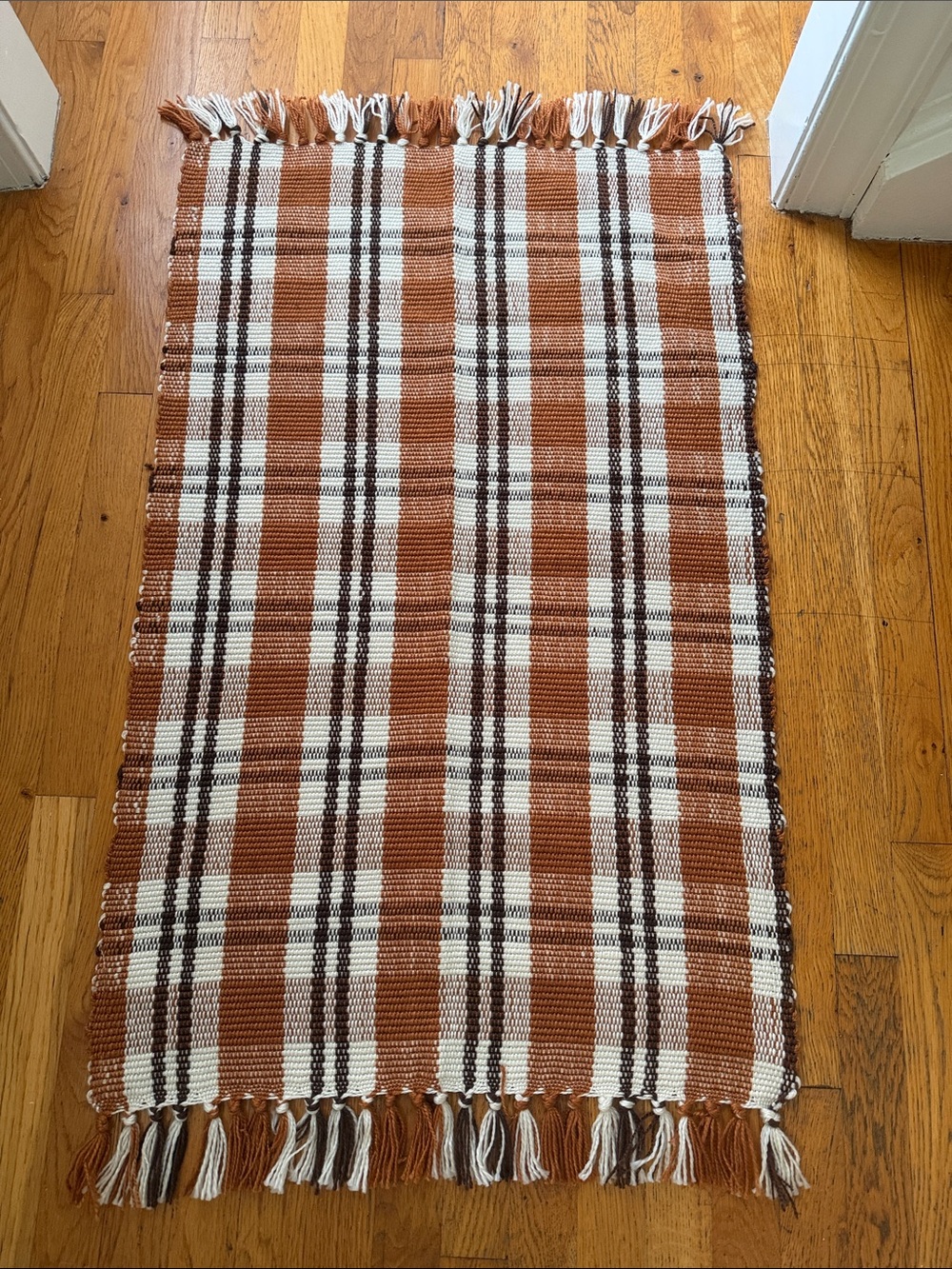 Handwoven Rust Plaid Fringe Door Mat